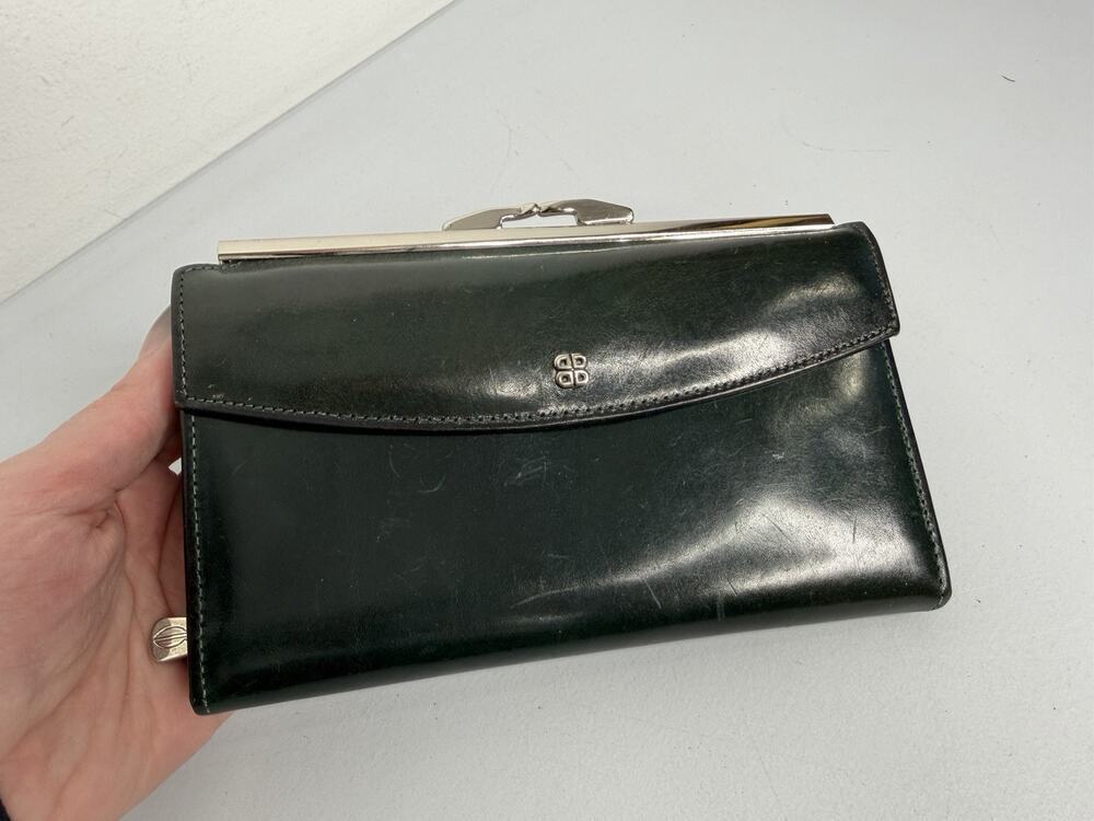 VTG Bosca Leather Bifold With Flap Wallet Green Snap Purse Check Book Classic